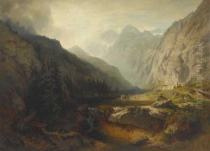 Gebirgslandschaft Mit Zwei Raubvogeln Am Fluss
