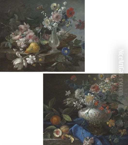 Flowers In A Glass Vase (+ Flowers In A Vase Decorated With The Scene Of Bacchus And Ariadne; Pair) - view 1