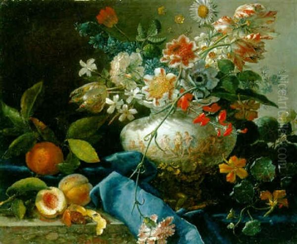 Flowers In A Vase With Oranges, Peaches And Nasturtiums On A Partly Draped Ledge - view 1