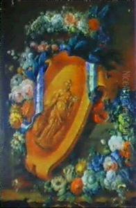 Guirnalda De Flores Con Un Relieve En Piedra De Una Musa    Rodeado De La Banda De La Real Orden De Carlos Iii