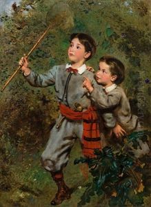 Two Children Catching Butterflies by Anton Romako