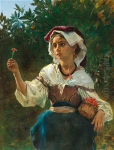 Italian Girl With A Small Basket And A Carnation Before A Laurel Bush