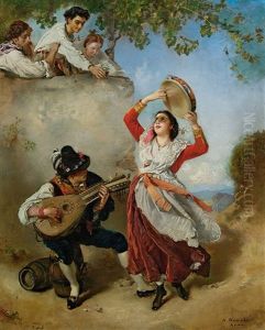 Roman Tarantella Dancer With Tambourine And A Mandolin Player