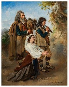 Pifferari, Playing In Front Of A Painting Of The Mother Of God (iii) by Anton Romako