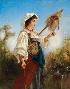 Roman Woman Spinning by Anton Romako