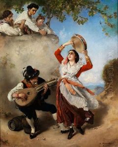 Romische Tarantella-tanzerin Mit Tamburin Und Einem Mandolinenspieler by Anton Romako