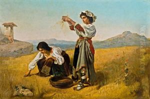 Nach Der Ernte (zwei Ahren Lesende Italienische Madchen Neben Einem Bildstock) by Anton Romako