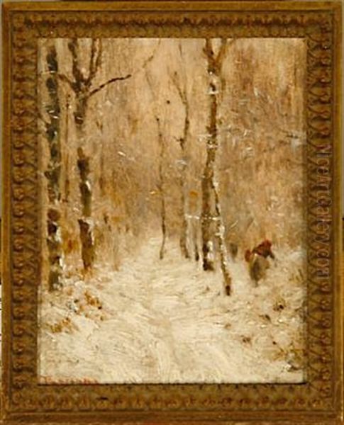 Winter Landscape With A Woman Gathering Firewood In Forrest - view 1