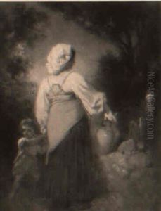 Jeune Femme Et Son Enfant Pres De La Source by Anton Romako