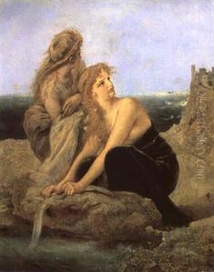 Zwei Waschende Frauen Am Meer Mit Burgruine by Anton Romako