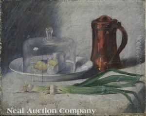 Still Life Of Leeks, Copper Pitcher And Brie Under A Cheese Dome