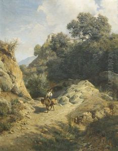Italienische Gebirgslandschaft Mit Eselsreiter Bei Einem Kloster (montecassino?)