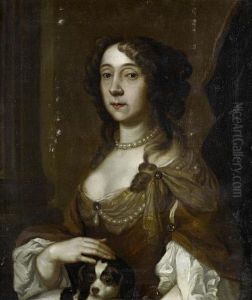 Portrait Of A Lady, Half-length, In A Brown Dress And A White Chemise, With Her Dog