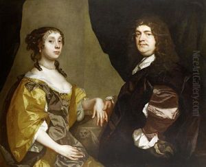 Portrait Of A Gentleman And His Wife, Bothhalf-length, He Wearing A Brown Tunic And Cloak And She Wearing Ayellow Satin Dress by Pieter Borsselaer