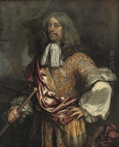 Portrait Of Admiral Cornelis Tromp, Three-quarter-length, In Anembroidered Red, Yellow And Silver Costume With A Crimson Wrap, Aview Of The Ocean With A Burning Vessel Beyond by Pieter Borsselaer