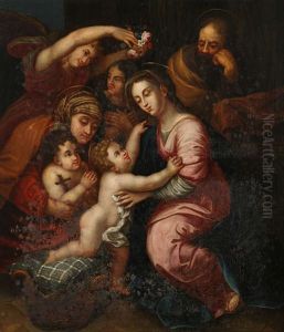 La Sainte Famille Entouree De Sainte Anne, Saint-jean Baptiste Enfant Et Deux Anges by Giulio Romano (Orbetto)