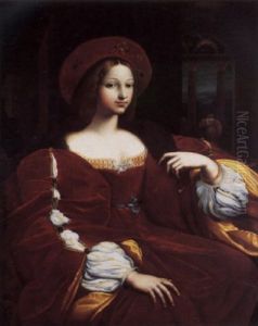 Portrait Of Dona Isabel De Requesens In A Red Velvet Dress And Headdress, A Woman At A Balcony Beyond