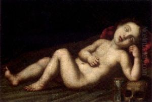 A Putto Sleeping By An Hourglass And A Skull