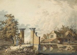 Sportsmen And Dogs At A Town Gate by Cornelis Borsteegh