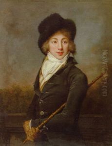 Portrait Of Auguste Vestris In A Dark Grey Velvet Jacket And Fur Hat, A Cane In His Right Hand, Standing Before A Landscape Portrait Of Auguste Vestris In A Dark Grey Velvet Jacket And Fur Hat, A Cane In His Right Hand, Standing Before A Landscape