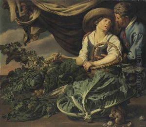 An Amorous Couple With Lettuce, Artichokes, Peas And Other Vegetables, With A Squirrel