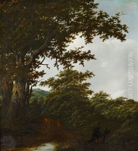 Bewaldete Landschaft Mit Einem Wanderer Im Vordergrund Bewaldete Landschaft Mit Einem Wanderer Im Vordergrund