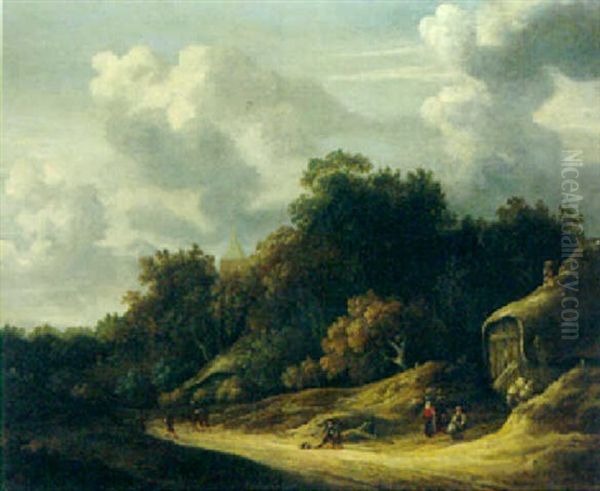 A Wooded Landscape With Peasants On A Sandy Track, A Village Church Beyond - view 1