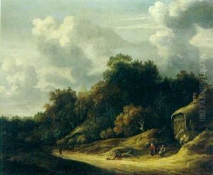 A Wooded Landscape With Peasants On A Sandy Track, A Village Church Beyond A Wooded Landscape With Peasants On A Sandy Track, A Village Church Beyond