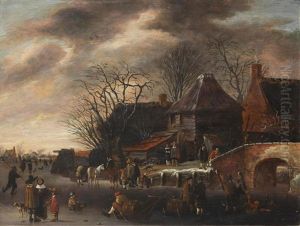 A Winter Landscape With Figures Ice Skating And Playing Kolf by Salomon Rombouts