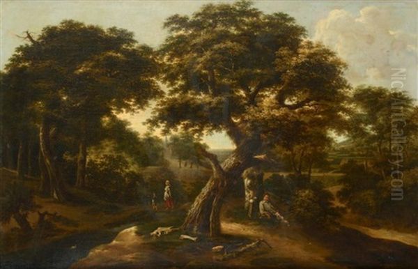 Sous-bois Traverse Par Un Cours D'eau Avec Un Colporteur Endormi Sous Un Arbre - view 1