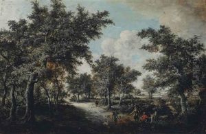 A Wooded Landscape With Falconers On A Path by Salomon Rombouts