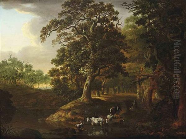 A Wooded Landscape With A Herdsman Watering His Cattle Near A Stream - view 1