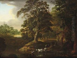 A Wooded Landscape With A Herdsman Watering His Cattle Near A Stream