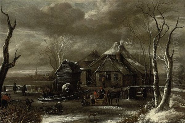 A Winter Landscape With Figures Chopping Wood And Sleighing On A Frozen River Near An Inn - view 1