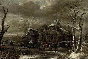 A Winter Landscape With Figures Chopping Wood And Sleighing On A Frozen River Near An Inn