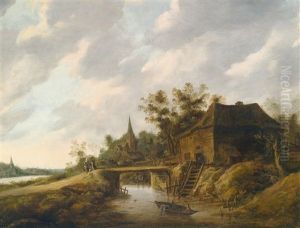 Hollandische Fusslandschaft Mit Einem Bauernhaus Und Einer Kirche Sowie Fischern In Einem Boot