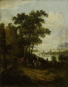 Bewaldeter Weg Mit Reisenden Und Einer Burg Bewaldeter Weg Mit Reisenden Und Einer Burg