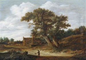 Bewaldete Flusslandschaft Mit Einem Jager Und Seinen Hunden Auf Einem Pfad by Salomon Rombouts
