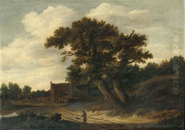 A Wooded Landscape With A Traveller And His Dog On A Track, A Village With Peasants Beyond - view 1