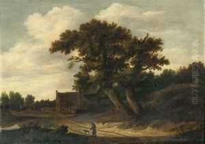 A Wooded Landscape With A Traveller And His Dog On A Track, A Village With Peasants Beyond by Salomon Rombouts