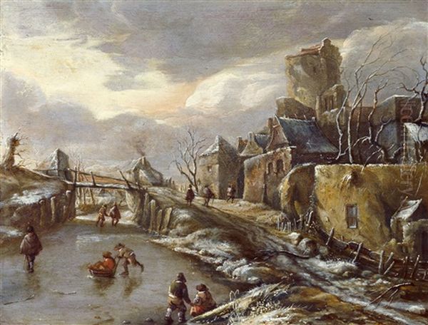 Winterlandschaft Mit Eislaufern Vor Einem Befestigten Stadtchen - view 1