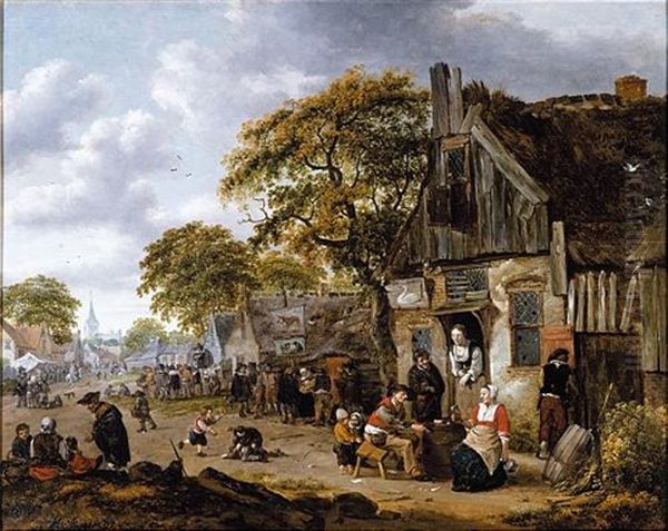 A Village Street Scene With Figures Drinking Outside An Inn And Vendors Hawking Their Wares - view 1