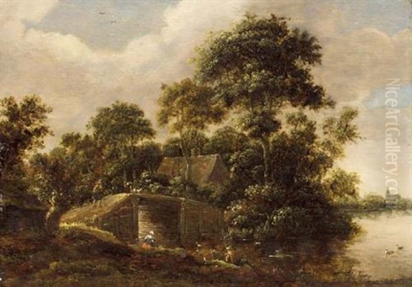 A River Landscape With A Fisherman Near A Bridge, A Cottage In The Woods Beyond And A Church In The Background - view 1