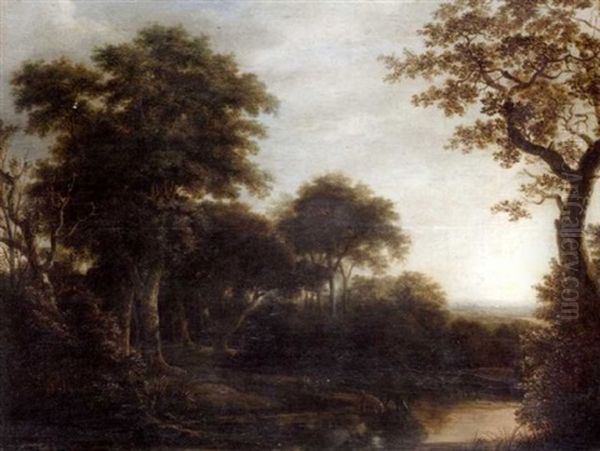 A Huntsman And His Hounds In A Wooded River Landscape - view 1