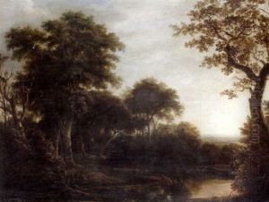 A Huntsman And His Hounds In A Wooded River Landscape