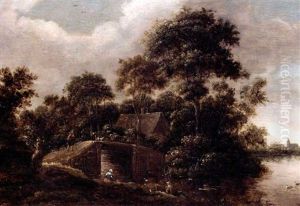 A River Landscape With A Fisherman Sitting By The River, A Cottage In The Forest Beyond by Salomon Rombouts