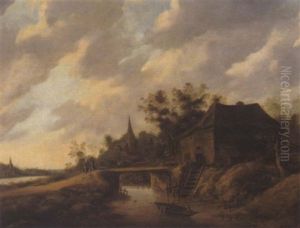 Hollandische Flusslandschaft Mit Einem Bauernhaus Und Einer Kirche Sowie Fischern In Einem Boot by Salomon Rombouts