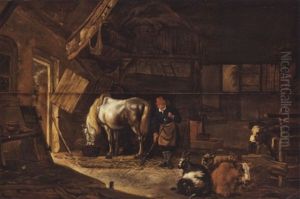 Stallinneres Mit Bauer, Schimmel Und Vieh Stallinneres Mit Bauer, Schimmel Und Vieh