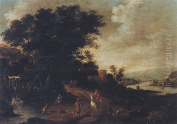 Flusslandschaft Mit Ruinen Und Wasserfall Sowie Staffagefiguren - view 1