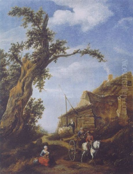 Peasants On A Horse And Wagon Passing A Farm By A Broken Tree - view 1